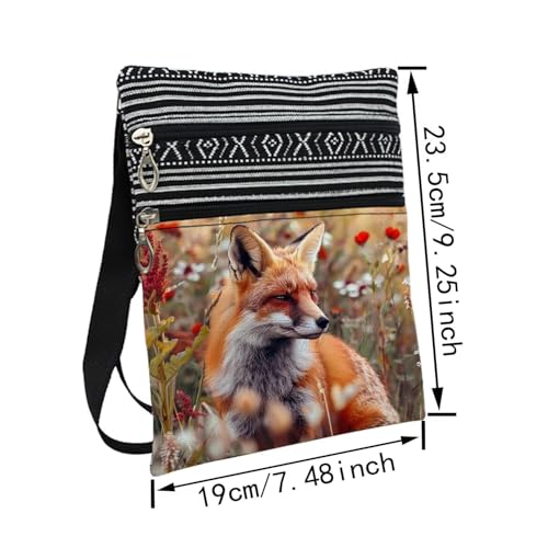 Floral Fox Messenger Bag Small Ethnic Pattern Printed Adjustable Strap Crossbody Zipper Bag Floral Fox Phone Bag Wallet Cute Shoulder Handbag for Women Friends -62