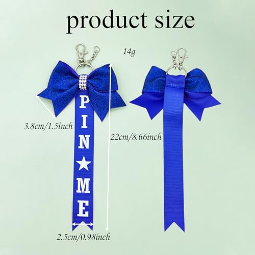 12 Pcs Cheer Pin Me Ribbon for Backpack Bow Keychain with Glitter Rhinestones Bow Cheer Competition for Girls Cheerleading Sports Accessory Gifts (Blue)2