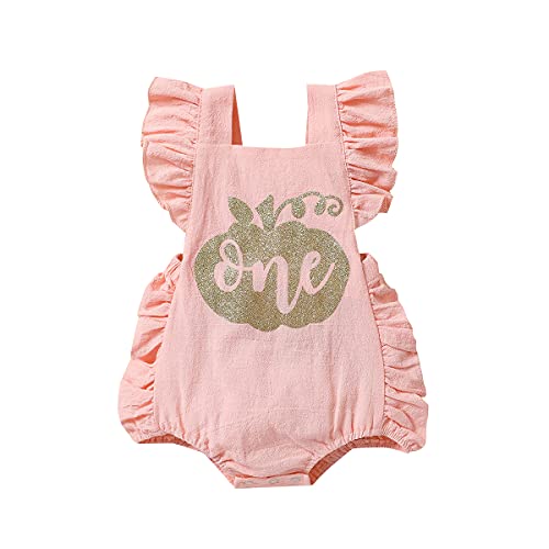 Baby Girls Halloween Romper Pumpkin One Ruffle Onesie Bodysuit Sleeveless Backless Jumpsuit Outfit Clothes (Pink,12-18 Months)