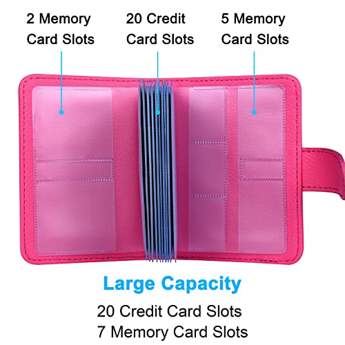 Image of Wisdompro Credit Card Holder, PU Leather Slim RFID Blocking Debit Card Protector Wallet Organizer Case with Magnetic Shut (Build in 20 Card Slot & 7 Small Cells for Memory Cards)-Vertical Hot Pink