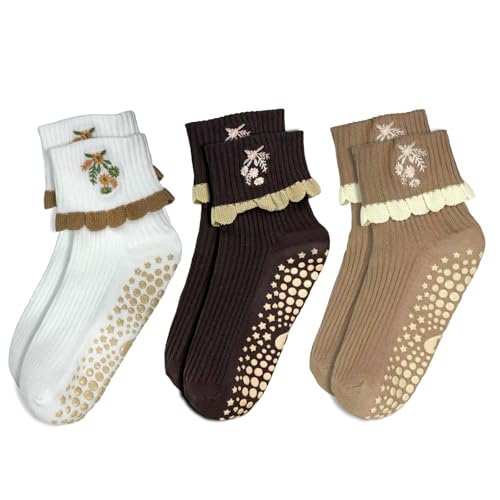 Image of Cute Polka Dot Yoga Socks for Women - 3 Pairs Non Slip Grip Pilates Barre Socks, Cozy Crew Style, US Size 5-9