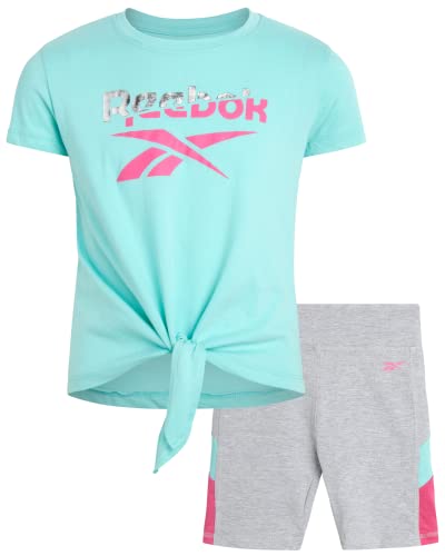 Reebok Girls' Active Shorts Set - 2 Piece Athletic Performance T-Shirt And Gym Shorts (Size:7-12), Size 10, Beach Glass #TOP7