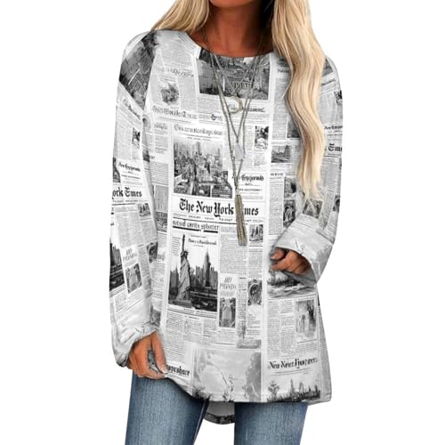 CONGIRLBOON Newspaper Print Womens Casual Long Sleeve Tops Crew Neck Oversized T-Shirts 3XL