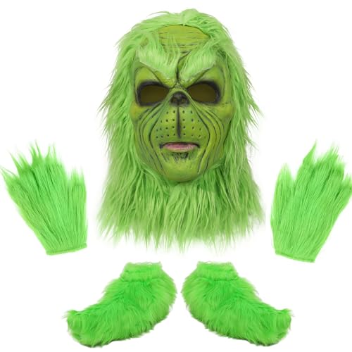 Yearsahrk Lot de 3 masques de monstres - Costume de Noël - Vert - Masque de monstre - Bonnet de Noël - Gants - Couvre-chaussures - Carnaval - Halloween -...