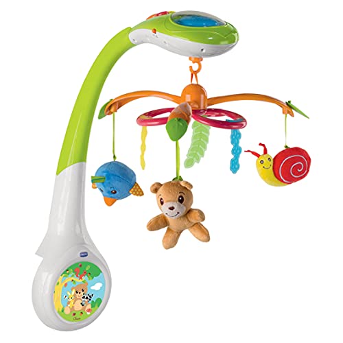 Chicco Mobile Projecteur de la forêt Musical pour Lit Bébé avec Projecteur Lumineux, Boîte Musical et Veilleuse, avec 3 Jouets en Peluche Amovibles, pour Enfants dès la Naissance