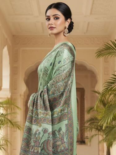 Image of AKHILAM Women's Sea Green Tussar Silk Madhubani Printed Saree With Unstitched Blouse Piece (FF0MDB8405B AI)