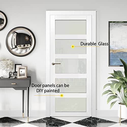 Image of 64 inch x 80 inch French Interior Door, 5 Lite Tempered Frosted Glass Panel for Pantry & Bedroom, Double Pre-drilled Holes Slab Doors, White Primed, Assembly Required (Hinges Not Included)