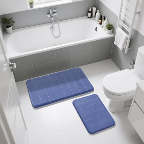 Image of Yimobra Memory Foam Bathroom Rugs Sets 2 Piece - Super Soft Absorbent Quick Dry Bath Mat Set, Machine Washable Non Slip Floor Carpet for Tub Shower & Single Sink (17x24 & 31.5x20 Inch, Navy Blue)