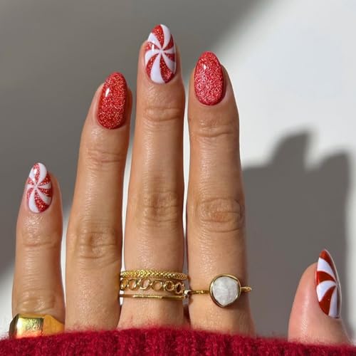 Christmas Press on Nails Short Almond Fake Nails Holiday Red Nail...