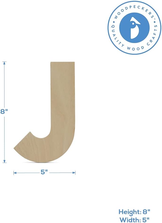 Wooden Letter J Cutouts 8", Wooden Letters for Wall Decor, Home Decor, Crafts, and Party Decorations by Woodpeckers