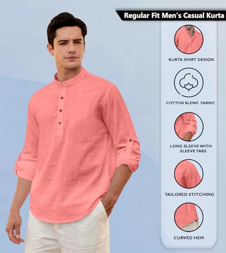 Image of Zombom Men's Solid Cotton Polyester Blend Straight Kurta Shirt, Regular Fit Full Sleeve Short Kurta Shirt