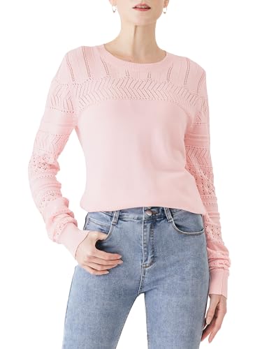 Cable Stitch Women's Pointelle Sleeve Lightweight Sweater - Long Sleeve Crewneck Lace Pullover Top