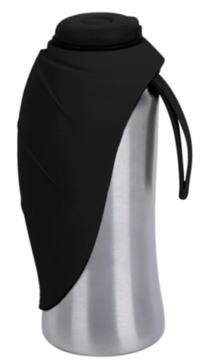 Pacific Paws Northwest Portable Dog Water Dispenser | Stainless Steel Travel Bottle | Silicone Leaf Shaped Bowl | 27oz Black