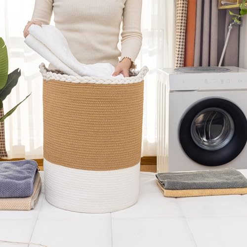 Image of ALBY Woven,Tall Wicker Laundry Basket for Blankets,Clothes,Pillows,Toys,Shoes Large Cotton Laundry Hamper for Bedroom Living Room Bathroom Nursery (58L / Large 15 inchD x 20 inchH, BrownA)