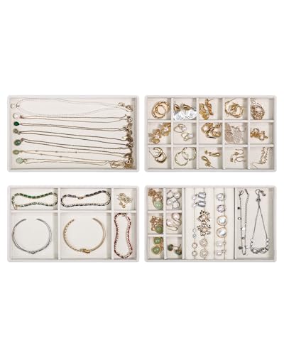 Teppdfann Stackable Jewelry Organizer Trays with Removable Dividers, 4-Tray Beige Jewelry Drawer Organizer Set for Earrings, Necklaces, Rings & Bracelets Gift for Her