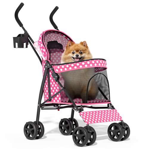 MoNiBloom Pet Stroller for Small/Medium Dogs and Cats, Hot Pink Polka Dots