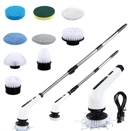 Image of Electric Spin Scrubber with Adjustable Long Handle, Electric Cleaning Brush with 9 Replaceable Brush Heads for Bathroom, Kitchen, Car, Tile, Wall, Floor