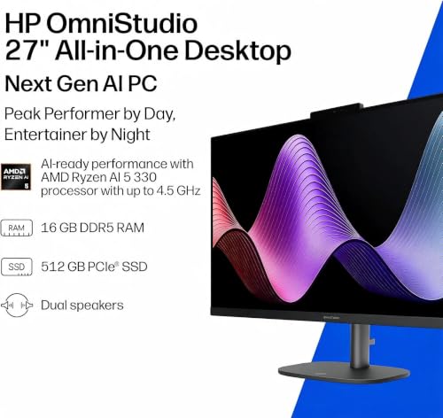 Image of HP OmniStudio Next Gen AI 27 All‑in‑One Desktop, 27 inch FHD 120Hz IPS Display, AMD Ryzen AI 5 Processor, 16GB DDR5 RAM, 512GB NVMe SSD, Windows 11 Home, Jet Black