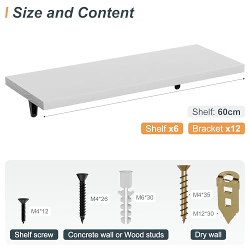 Image of SKYSEN Floating Shelves for Wall Set of 6, 23.6in Wood Wall Shelf for Decor, Bathroom, Bedroom, Storage, Book,Kitchen, Living Room - White(fs-60-w)