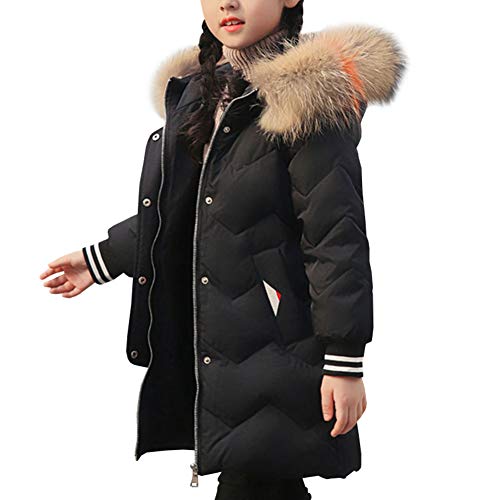 LSERVER Fille Enfant Faux Fourrure Manteau Hiver Manches Longues Veste Épaissi Doudoune à Capuche, Noir, 11 Ans / 150
