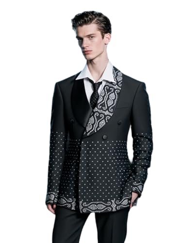Men's Black Rhinestone Embellished Tuxedo Suit Set Double Breasted Slim Fit Jacket & Black Pants for Prom4
