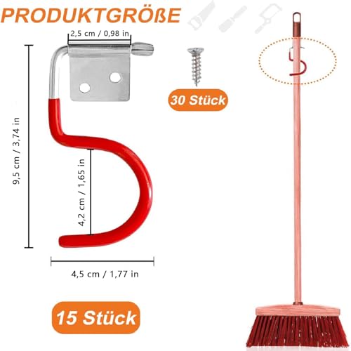 Gartengerätehalter Metallhaken, 15 Stück Gerätehalter Rot Haken, Besenhalter Werkzeughalter, Gummierung Gartengeräte, mit 30 Stück schrauben, für Garagen, Geräteschuppen, Keller, Abstellräume, Gärten