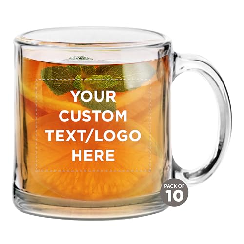 Custom Libbey Clear Glass Coffee Mugs 13 oz. Set of 10, Personalized Bulk Pack - Perfect for Coffee, Tea, Espresso, Hot Cocoa, Other Beverages - Clear Bottom
