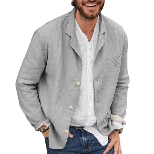 Mens Casual Cotton Linen Blazer Lightweight Button Down Jacket Relaxed Fit Lapel Collar Sport Coat Fall Fashion