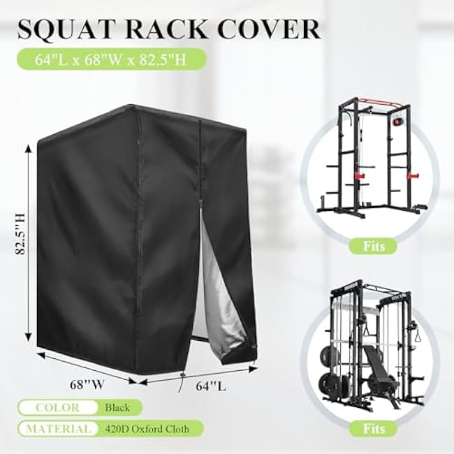 Squat Rack Cover with Waterproof Zipper, Protective Cover for Power Cage/Weight Lifting Rack/Weight Cage/Power Racks for Home Gym Equipment Storage-Indoor & Outdoor Use, 64 x 68 x 82.5