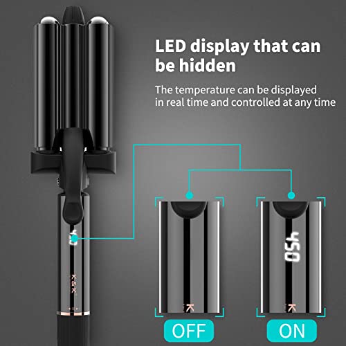 3 Barrel Curling Iron Wand with LCD Temp Display - Dual Voltage 22mm Ceramic Hair Crimper (Black)