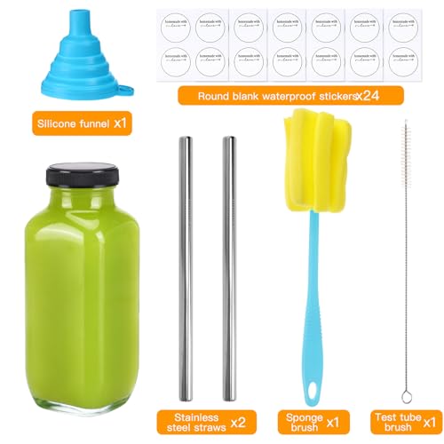 Image of CUCUMI 24pcs 16oz Glass Juice Bottles with Lids, Reusable Vintage Glass Drinking Bottles with Blank Labels, Brush, Straws, Funnel for Storing Tea, Kombucha, Milk