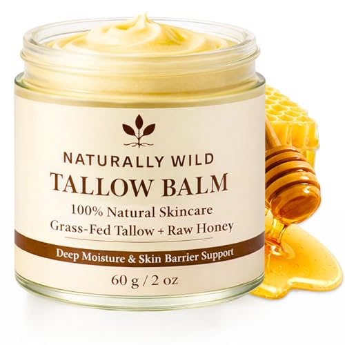 Naturally Wild Tallow Balm Cream 60g - Grass-Fed Beef Tallow and Honey Balm Whipped Tallow Cream for Face and Body Skin Organic Natural Skincare Moisturiser for Dry Sensitive Skin With Raw Honey