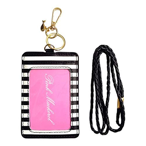 Pink Mackerel ID Clip Badge Card Holder with Lanyard and Key Ring - Black & White Stripes