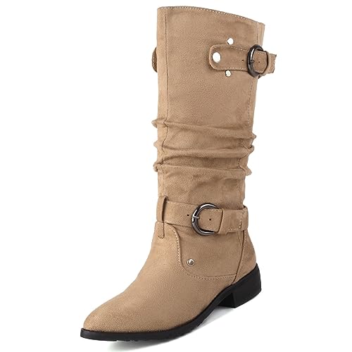 UniqueStride Womens Slouch Boots Suede Round Toe Low Heel Mid Calf Boots