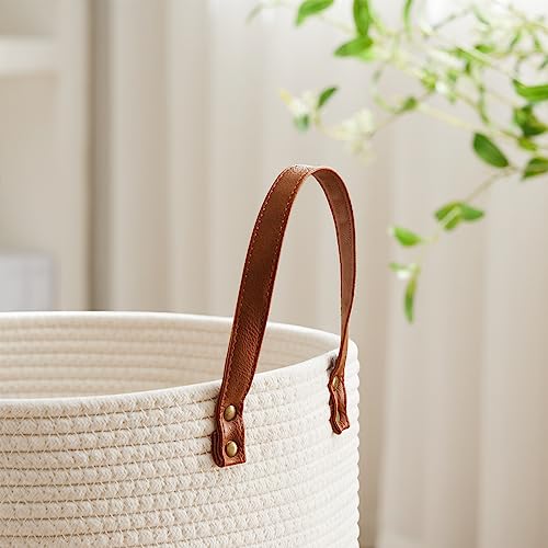 Image of VIPOSCO 100L Tall Woven Rope Laundry Hamper, Leather Handles, White & Brown