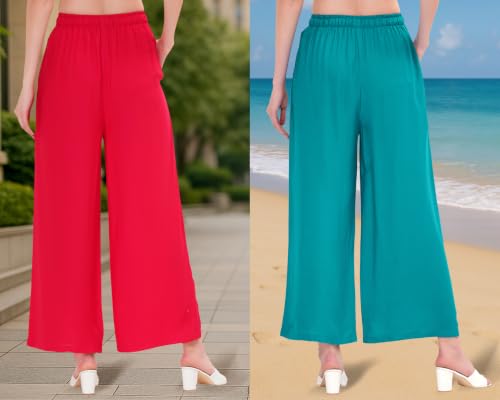 Image of Buy That Trendz Palazzo Pants for Women Cotton Rayon Elasticated Regular Fit Flared Wide Leg M to 6XL Pack of 2