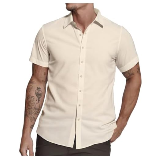 ONKEEP Camisa social masculina de manga curta elástica casual abotoada lisa ajuste regular camisa formal, Bege, G