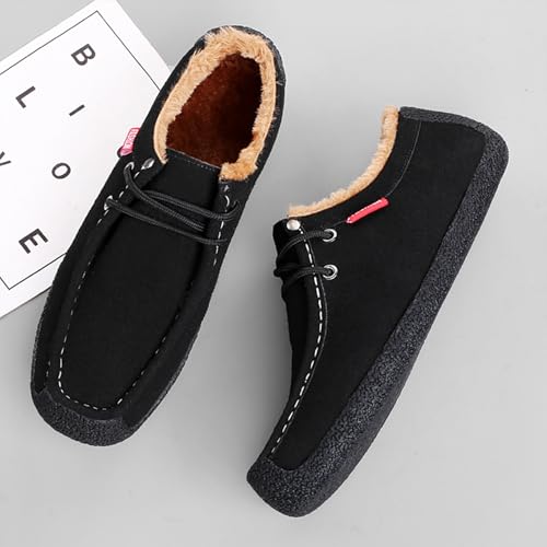 Men's Canvas Winter Fur Lining Penny Loafers Retro Comfortable Round Toe Lace-up Anti-Slip Flat Slip On Moccasin Boat Shoes for Office Party Walking Formal4
