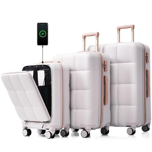 Travel Smart 3-Piece Luggage Set with USB Port & Front Opening Design - Durable ABS Spinner Wheels - Light Grey4