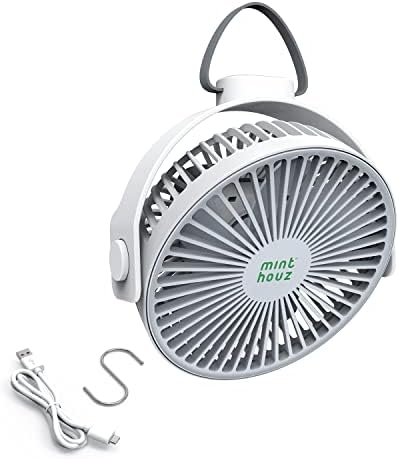 Minthouz Portable Camping Fan, 4000mAh Rechargeable Battery Operated Fan with Hook, 4-Speed USB Fan with Hanging Rope, 360° Adjustable Personal Fan for Tent Treadmill RV Golf Car Desktop