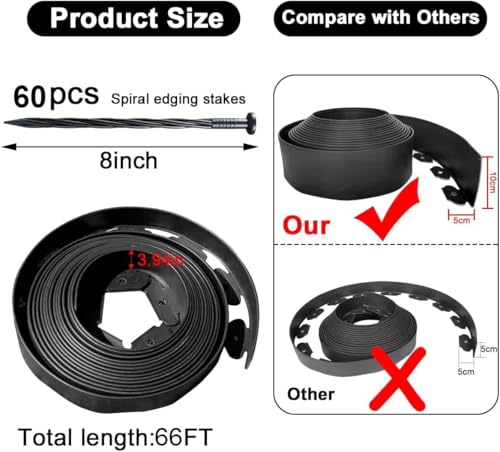 Flexible Garden Edging Borders 66FT,Landscape Edging Black[Extra Tall 4IN High] with 60pcs Stakes, No Dig Garden Border Lawn Edging Mini Plastic Fence-Black - Thumbnail 2