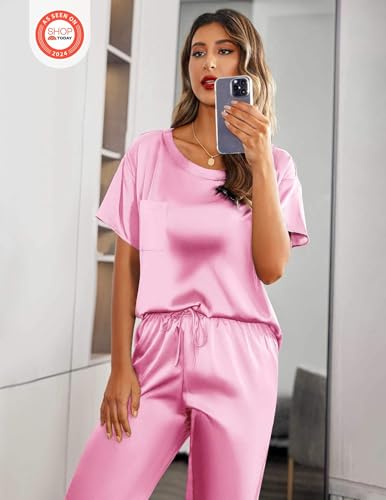 Image of Ekouaer Womens Satin Silky Pajama Set Short Sleeve Shirt with Long Pajama Pant Set Soft PJ Loungewear