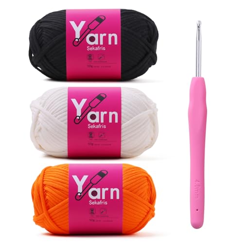 Image of Crochet Yarn 150g /163.5yds Cotton Yarn for Crocheting - Crochet Knitting Yarn for Beginners with Easy-to-See Stitches - Yarn for Crocheting - Parfait Chunky Yarn (Black+White+Orange Peel)