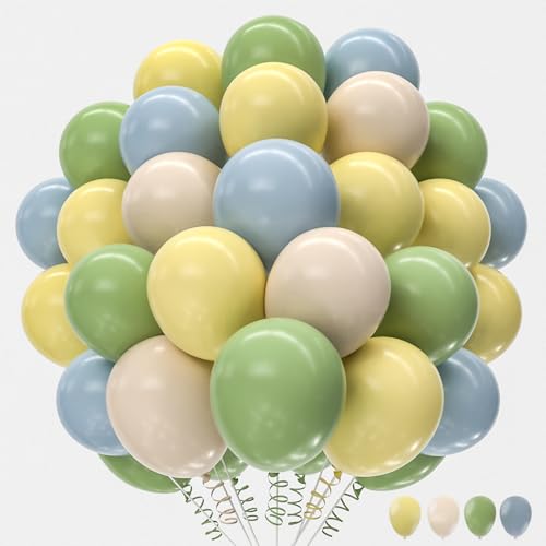 Image of 160Pcs 12 Inch Sage Green Dusty Blue Yellow Latex Balloons for Baby Shower Wedding Birthday Boho Party Decorations