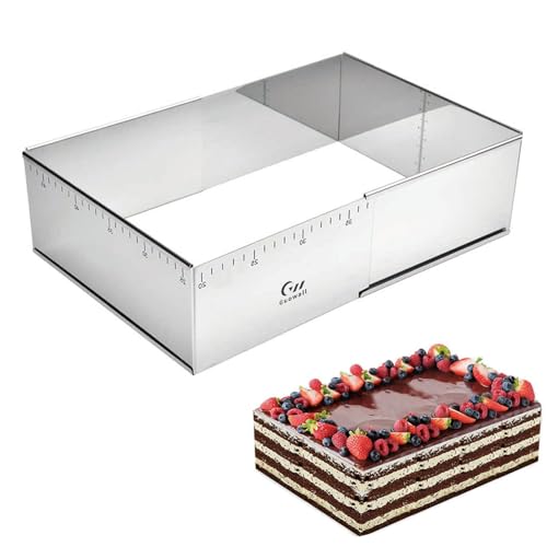 Guowall Rectangular Shaped Cake Ring Mold Stainless Steel Heavy Duty Adjustable Tiramisu Pan Big Size Extensible Pastry Mould Form for Baking - 10 x 7 x 4 inch