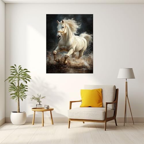 Tableau cheval blanc au galop 30x45cm avec cadre décoration murale