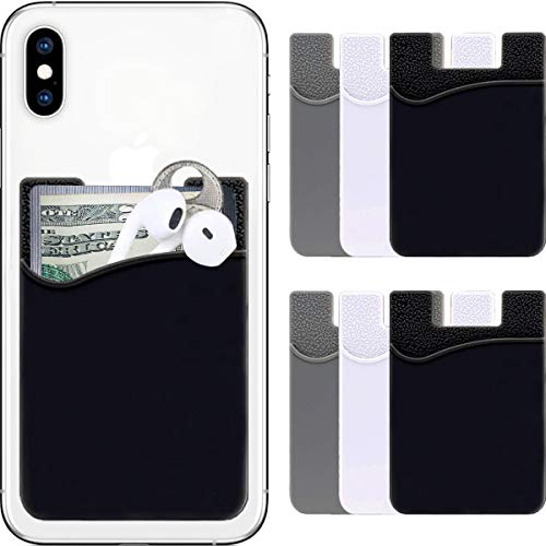 Phone Wallet Stick On Card Holder Pocket - Silicone Rubber Credit Debit ID Money Adhesive Case Pouch Sleeve Sticker - Compatible for Back of iPhone Samsung Galaxy Android (2 Black, 2 Grey, 2 White)