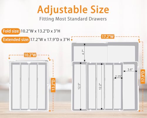 Homecor Silverware Drawer Organizer - Expandable Drawer Organizer for Kitchen, Utensil Holder BPA Free Flatware and Cutlery Tray for Spoons Forks Knives, Plastic Kitchen Organizer and Storage, White