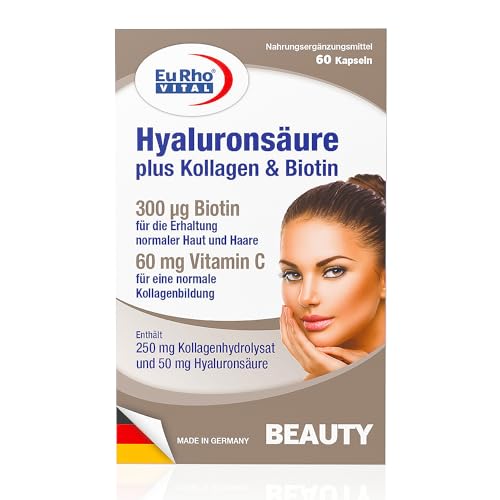 Hyaluronsäure Kapseln | Mit Kollagen und Biotin | Vorratspackung mit 60 Kapseln für 2 Monate | EuRho® Vital – Made in Germany