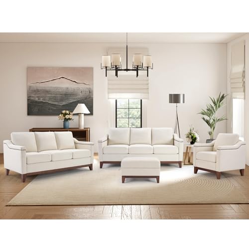Image of HAOMARKETS 4 Piece Chenille Sofa Set with Nailhead Trim, Included Upholstered Accent Chair with Thicked Cushion, 3 Seater Couch Set of 2 and Storage Ottoman with Flip-Top Table for Living Room, Beige